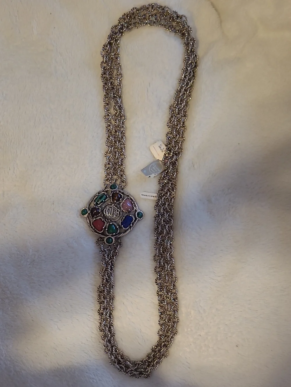 Dior Multi-Color Cabachon Stone Pendant Chain Necklace - Silver Tone